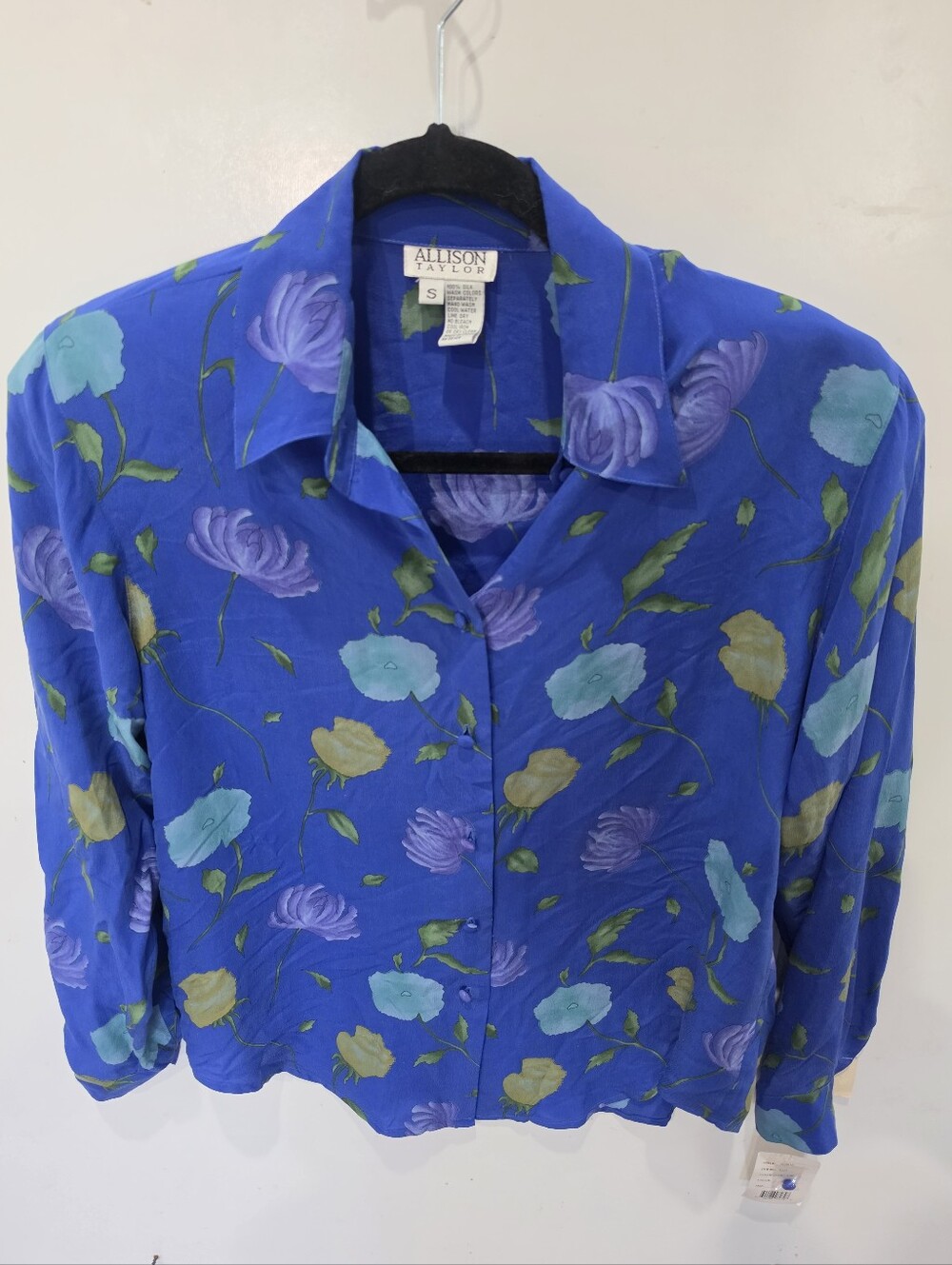 NWT Allison Taylor Blue Floral Button-Front Women's Blouse 100% Silk Size S